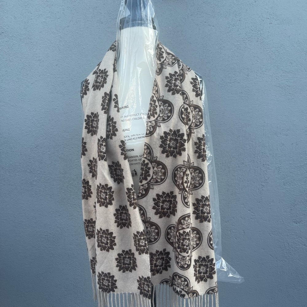 Amicale Cashmere Floral Scarf in Cream and Brown - Picture 2 of 8